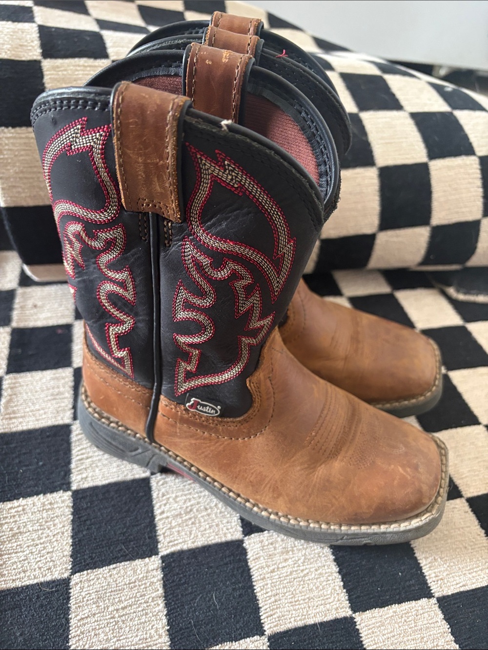 Justin Boots Brown Leather & Black Shaft Kids Western Boots with Red Stitching